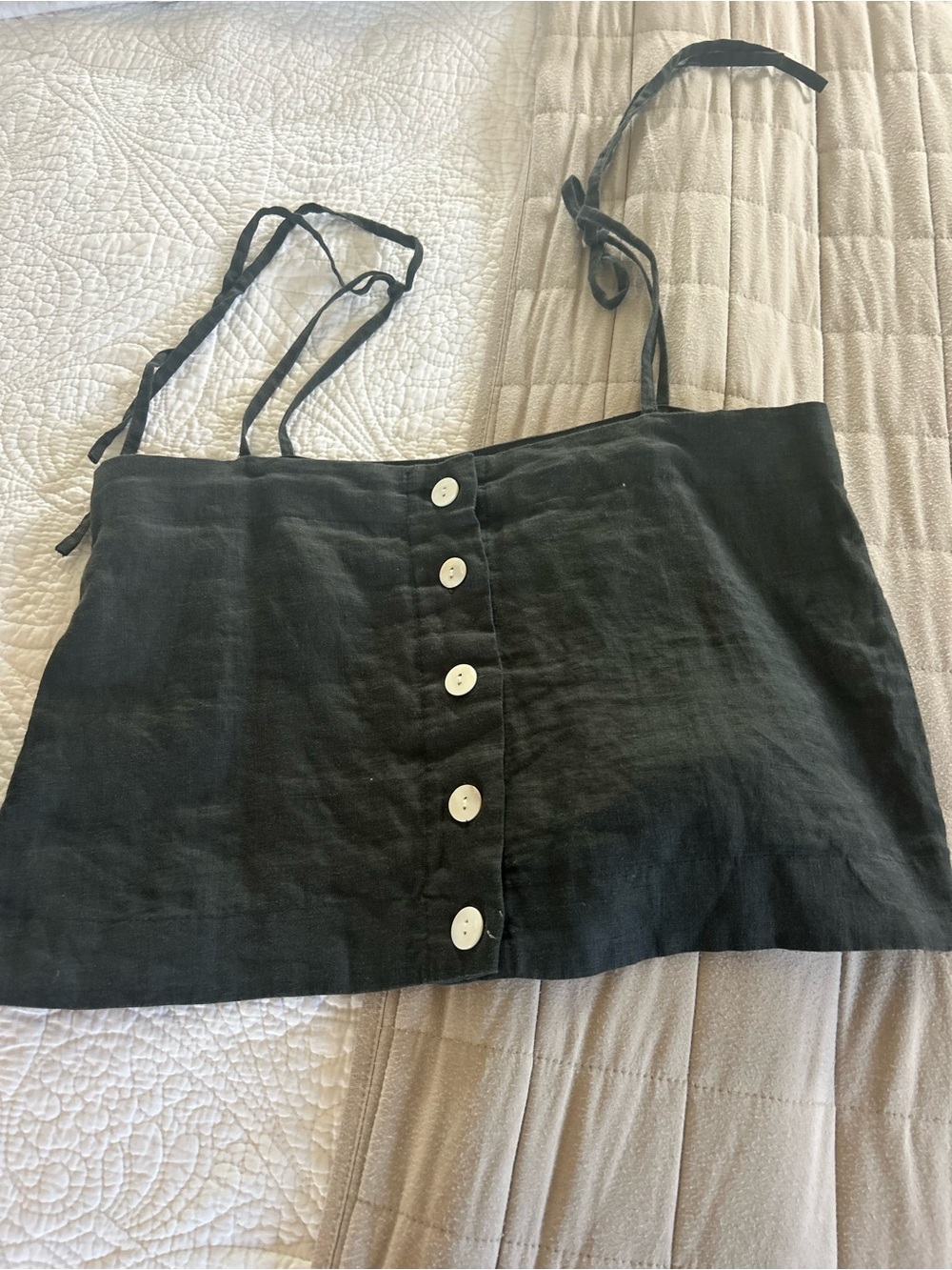 Black Button-Front Crop Top with Tie Straps